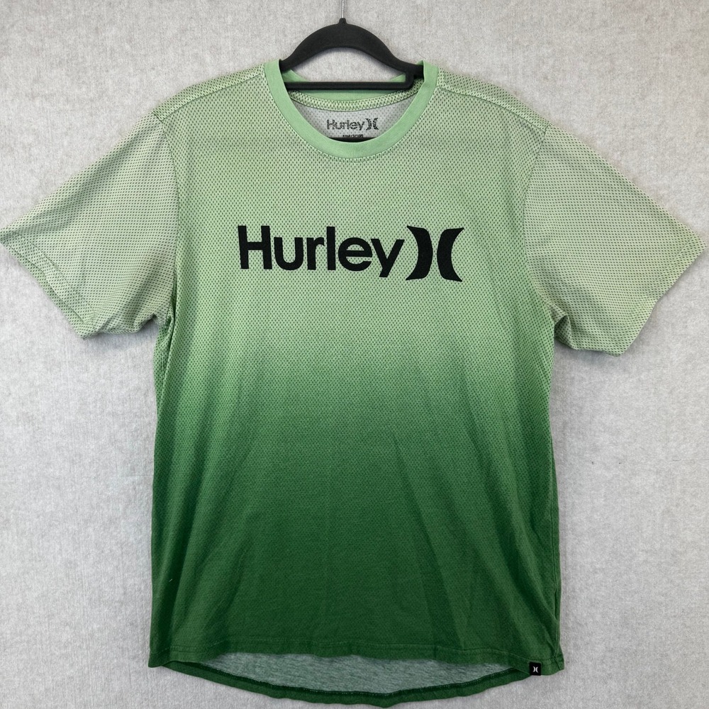 Hurley Mens Green Ombre Mesh Graphic T-Shirt Short Sleeve Logo Tee Size Medium